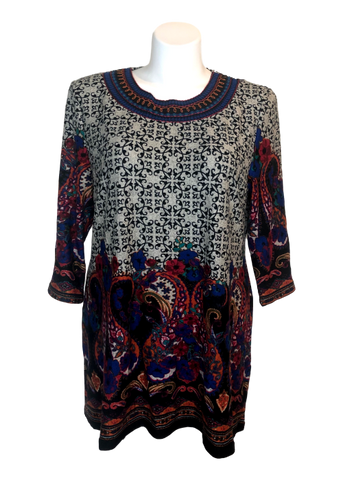 Printed Tunic with Embroidered Neck Line in Black and Gray Multicolor