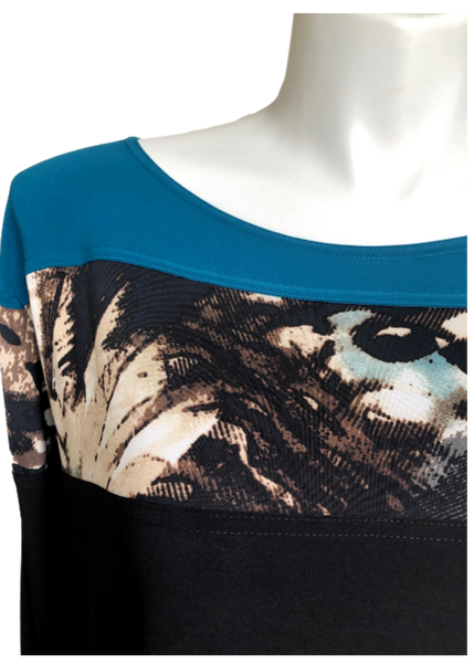 Print colorblock tunic in teal feathers
