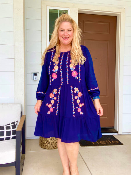 Whisk Me Away Embroidered Dress in Navy