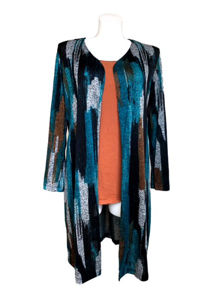 Long Varigated Sweater Duster in Teal, Brown and Black