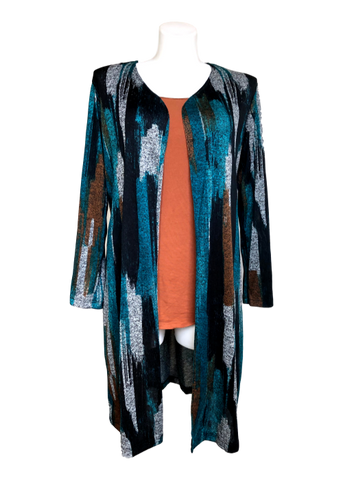 Long Varigated Sweater Duster in Teal, Brown and Black