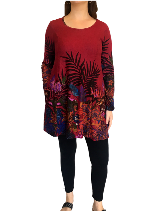 Pocket Full of Posies Sweater Tunic in Red Fern Print